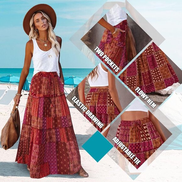 Chic Women's High Waist Tie Maxi Skirt - Flowy Floral with Practical Pockets - Picture 4 of 7